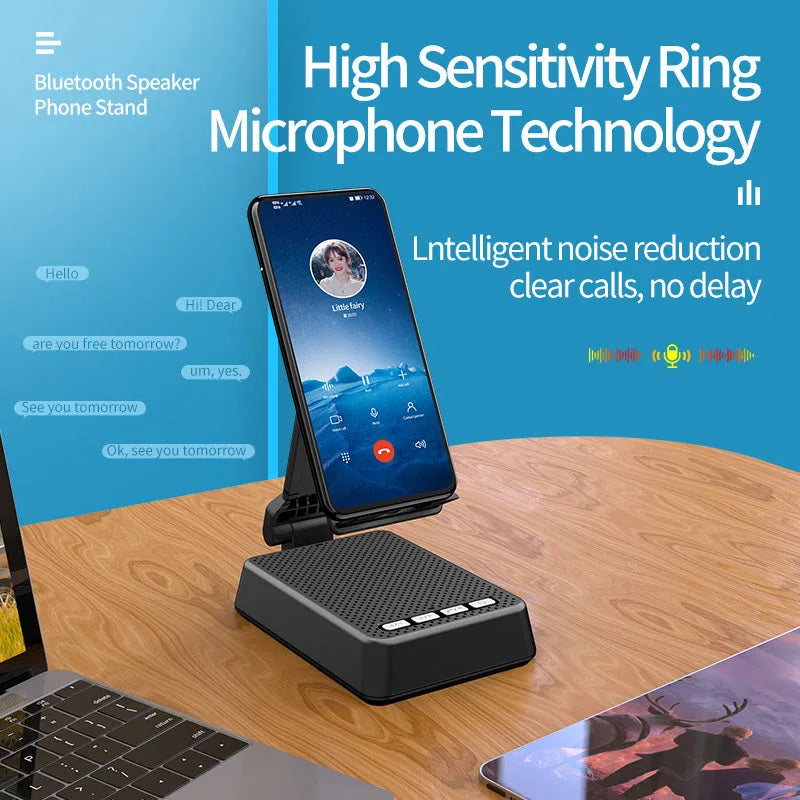 Black mobile phone broadcaster stand with Bluetooth speaker and microphone on desk