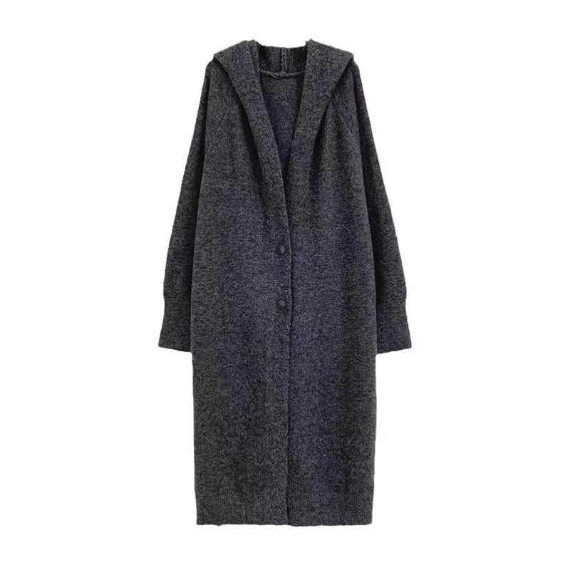Women's long knitted cardigan with hood in oatmeal colour, below knee length, loose fit