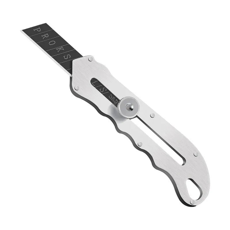 Stainless steel folding art knife with black blade and a set of spare long and trapezoidal blades.