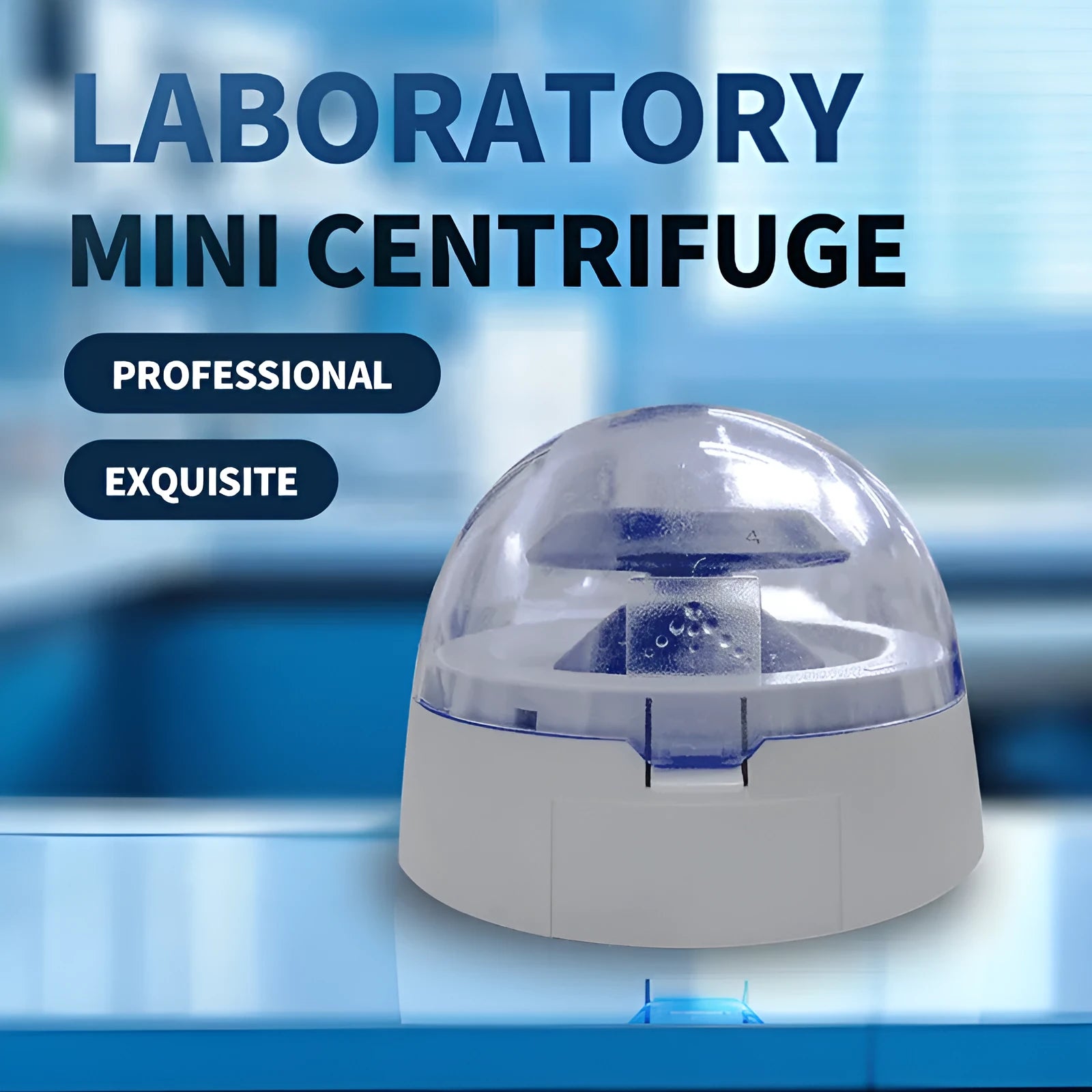 Mini laboratory centrifuge on a benchtop with dimensions 157mm wide by 170mm deep