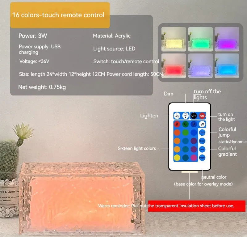 Geometric ice cube acrylic night lamp with multi-colour LED lighting on wooden surface