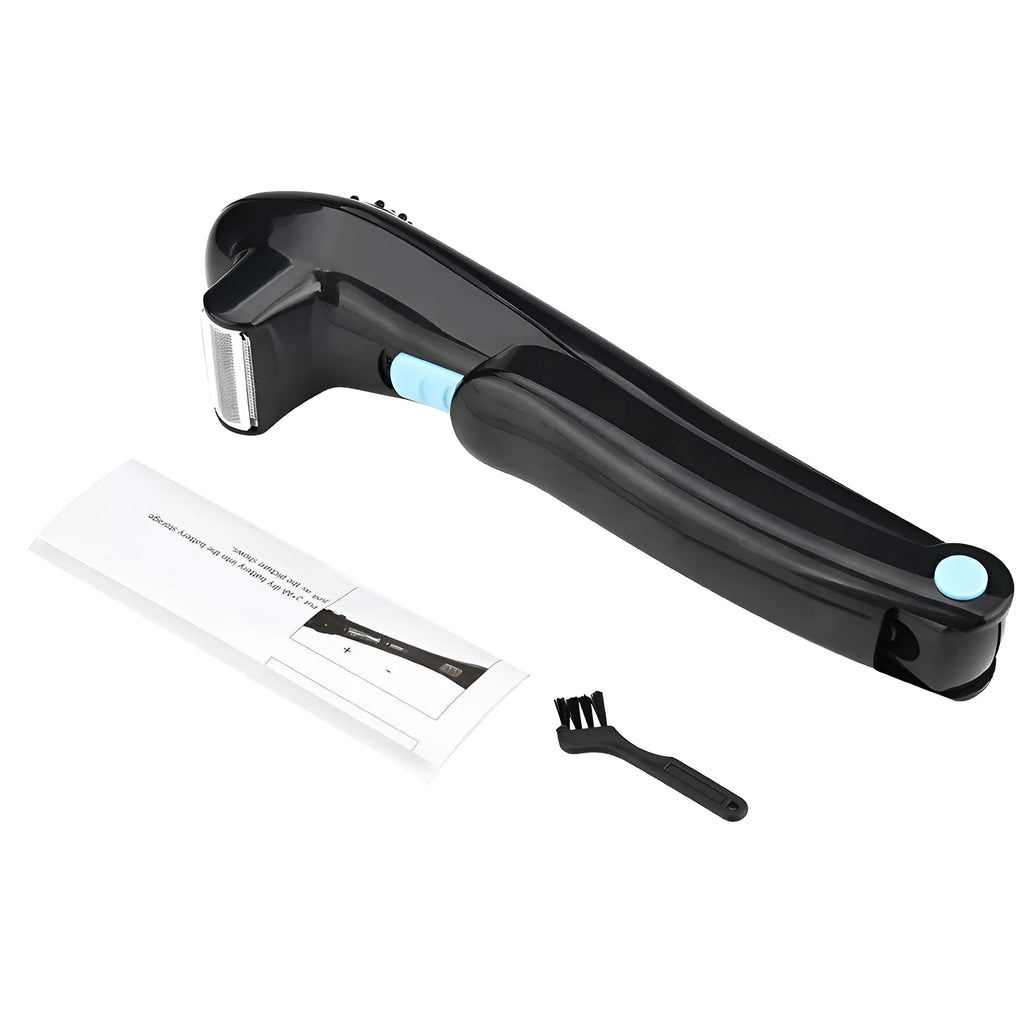Black folding dry battery electric body shaver on a white background.