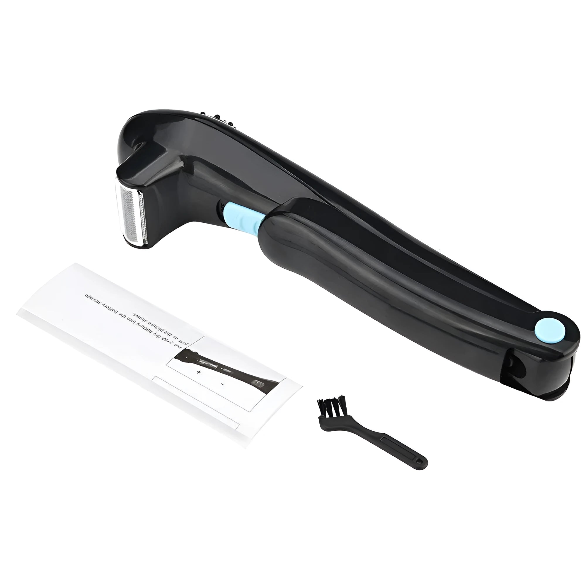 Black folding dry battery electric body shaver on a white background.