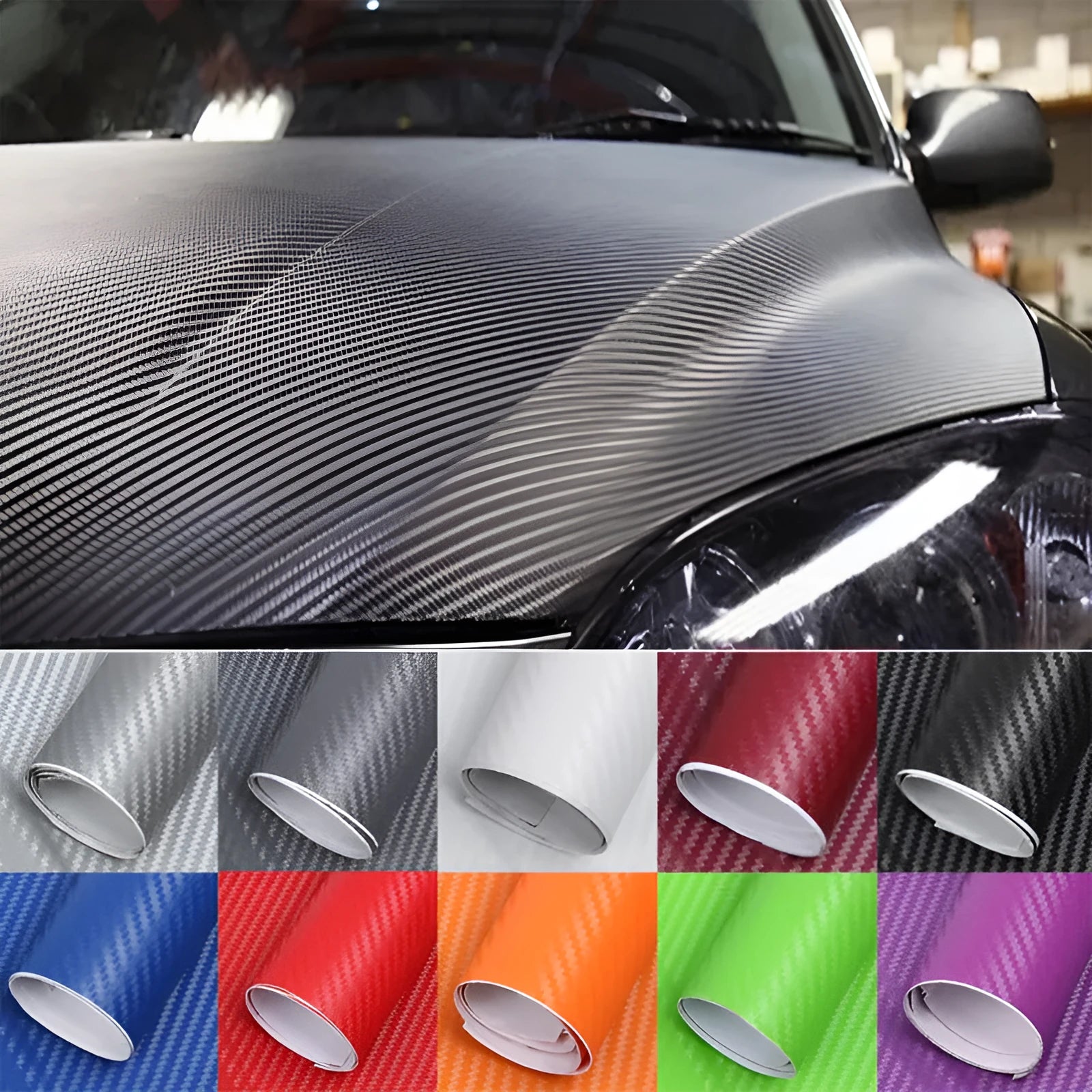 Carbon fibre sticker roll with 3D stereo texture in eight colour options for car decoration