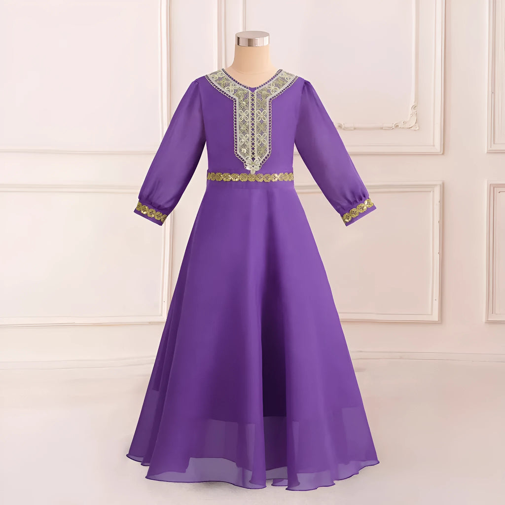 Long-sleeved purple puffy chiffon ribbon princess dress with cotton lining