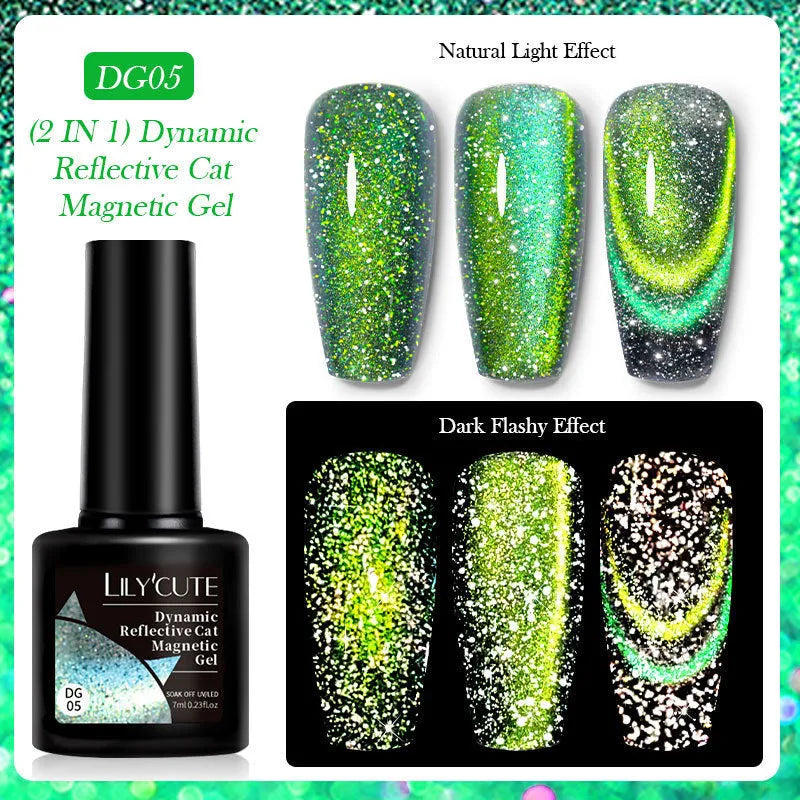 Cat eye nail polish gel bottles in six colours with diamond glitter fragments showing flickering finish