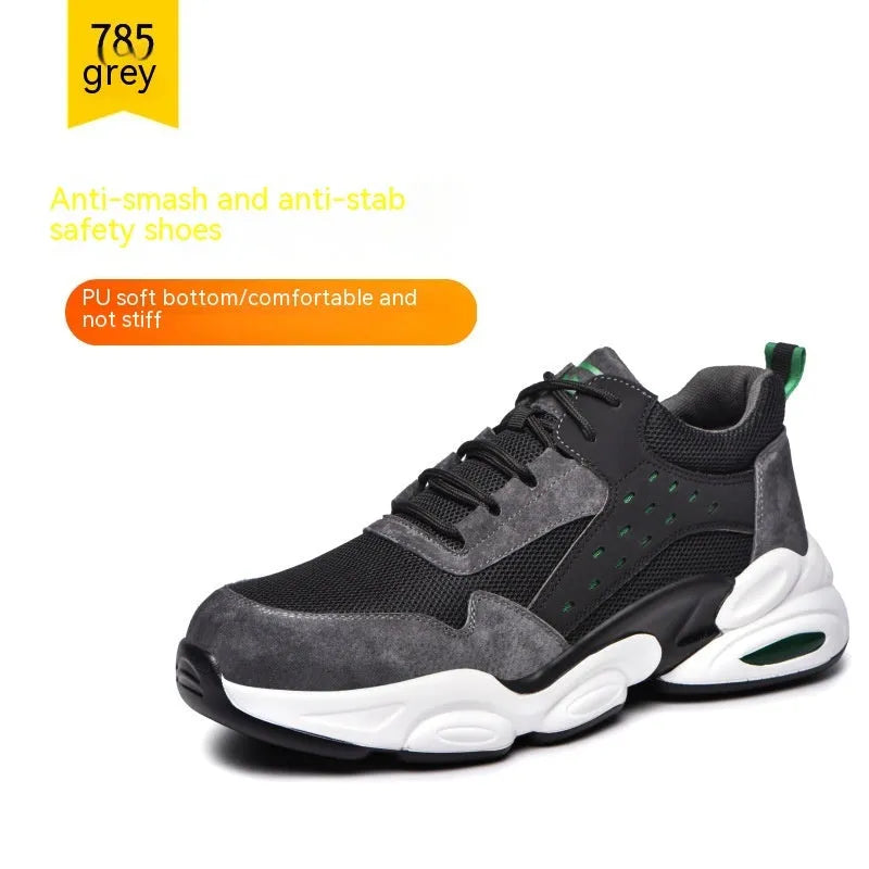 Black mesh breathable labour insurance safety shoe with Flyknit upper and PU sole on a work site.