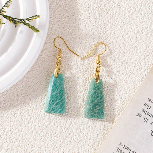 Amazonite rough stone trapezoid earrings with geometric octagon design in gold and silver