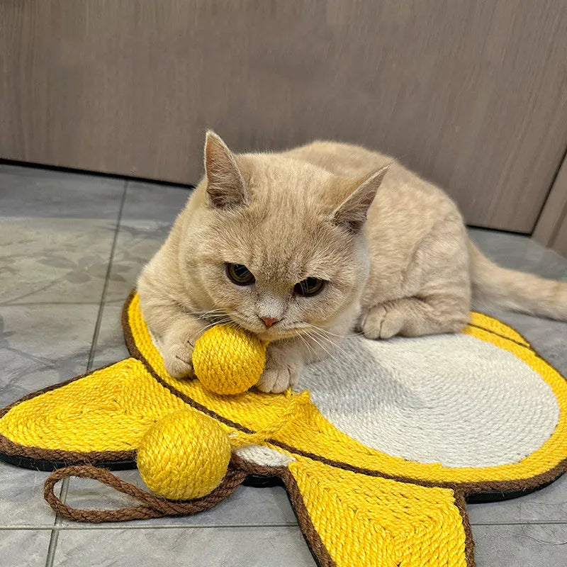 Yellow cat scratching board with corgi butt design, made from sisal with anti-slip base