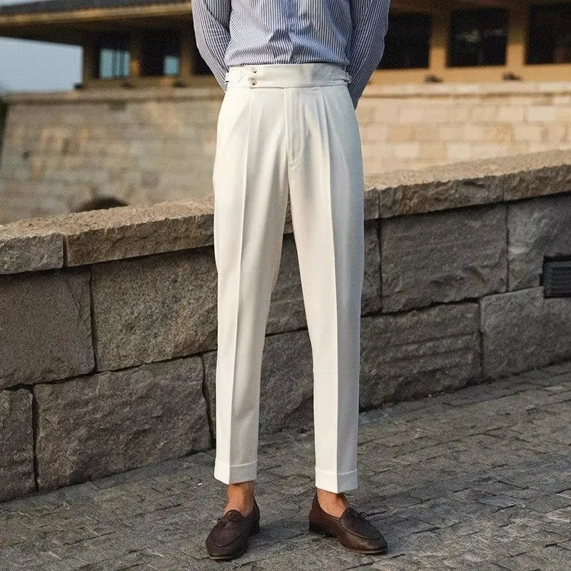 Men's slim fit straight leg suit trousers in black, white, and apricot colour options.