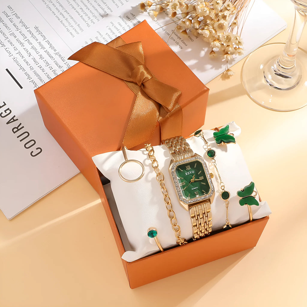Gold green square dial women's watch with four matching alloy bracelets displayed together