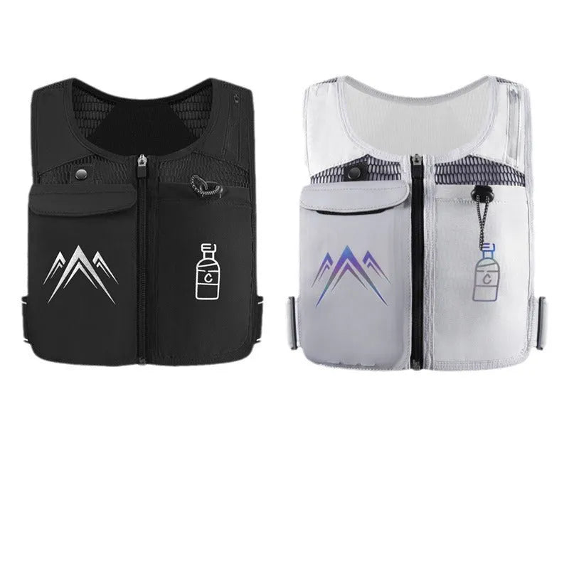 Unisex breathable mesh running vest with integrated phone pocket, shown in classic black and moonlight grey colours.