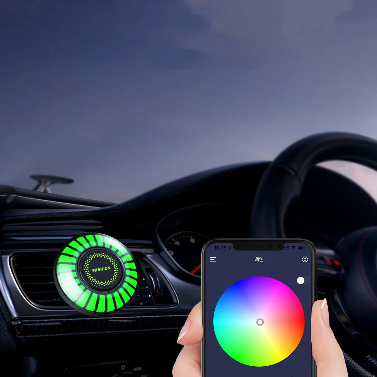 Car vent-mounted aromatherapy diffuser with RGB rhythm lighting and voice control features
