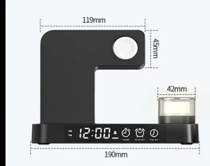 White 4-in-1 multifunction wireless charger station with foldable stand, alarm clock display, and RGB night light.