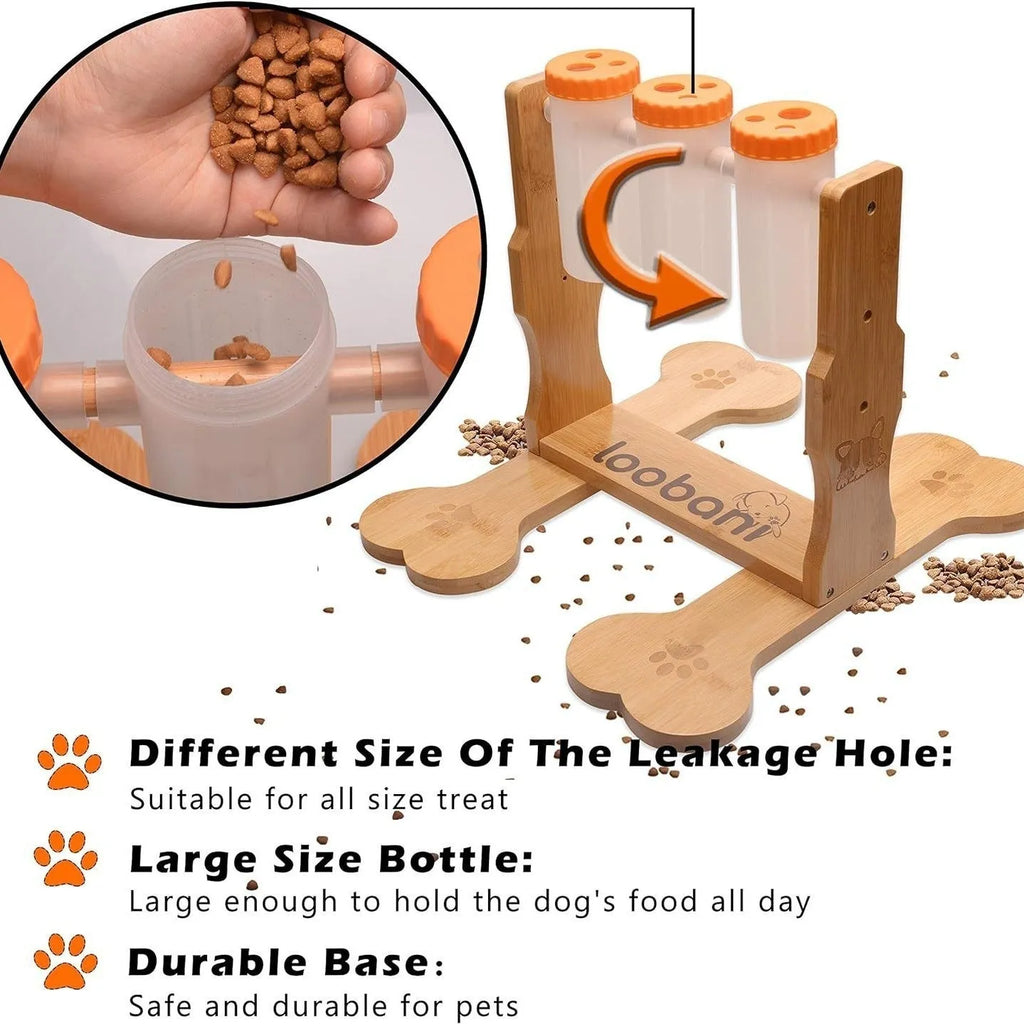 Wooden dog puzzle toy snack dispenser feeder in natural wood colour, showing size and design.