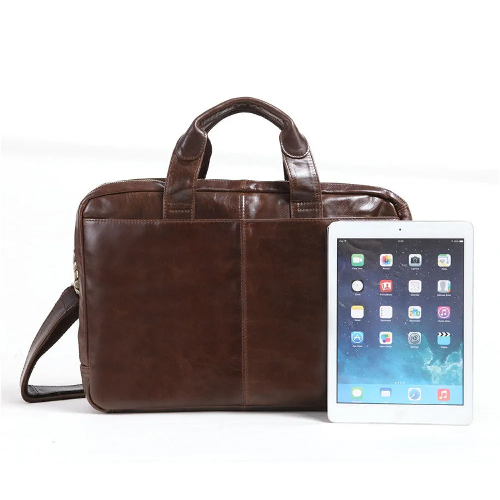 Brown men's business briefcase computer bag made from first layer cowhide leather with 18-inch dimensions