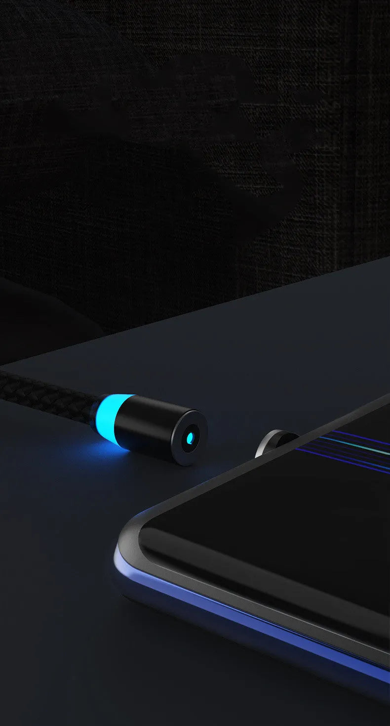 Magnetic USB charging cable with breathing light indicator showing black and silver versions in 1m and 2m lengths
