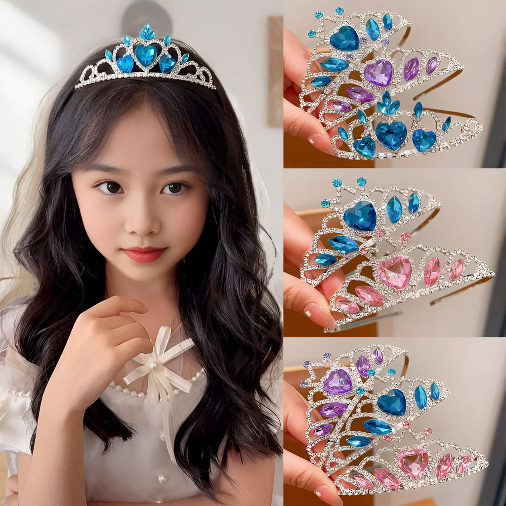 Children's electroplated alloy crown headband headdress in pink, light blue, and light purple crystal colours.