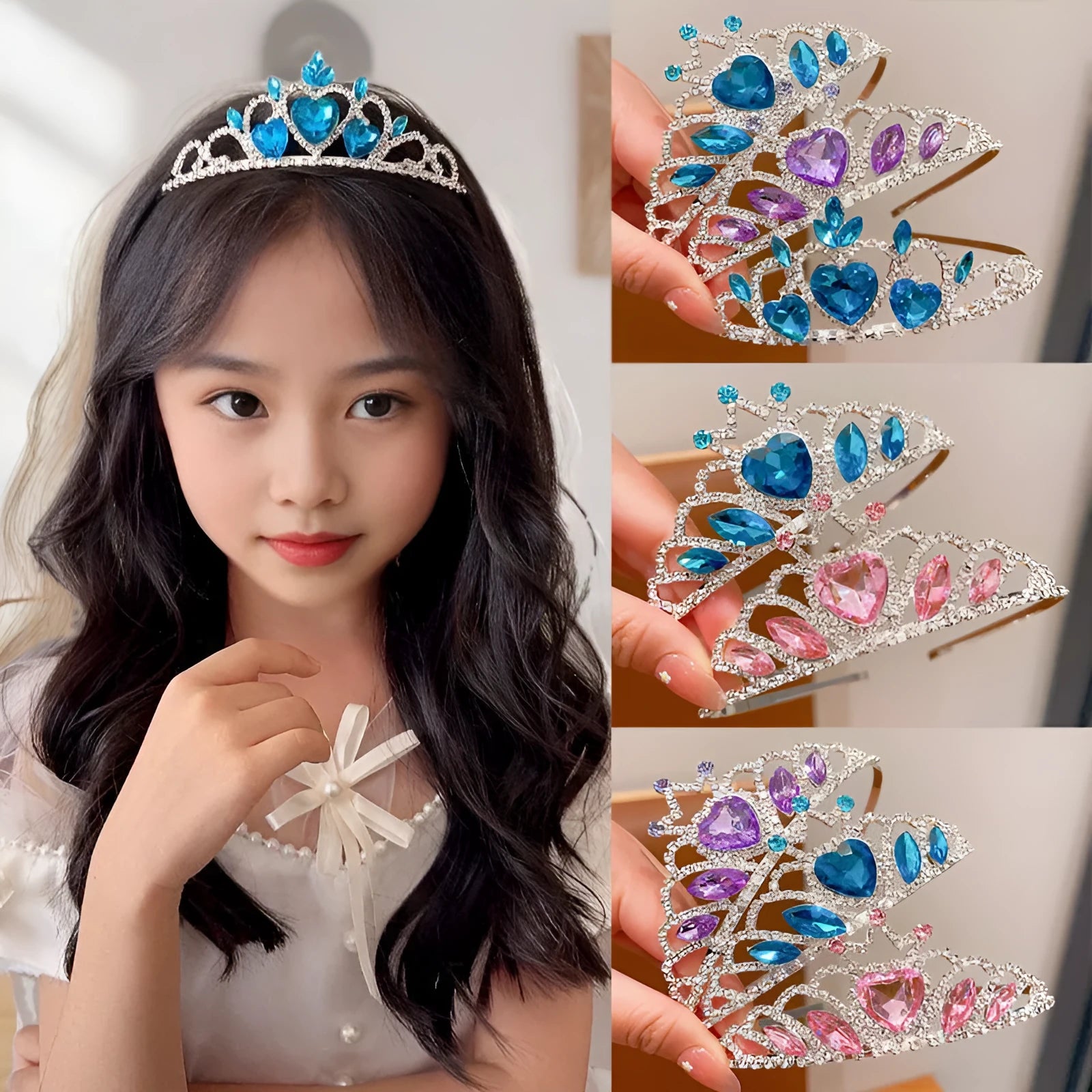 Children's electroplated alloy crown headband headdress in pink, light blue, and light purple crystal colours.