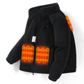Children's black polar fleece heating jacket with zipper closure on a child