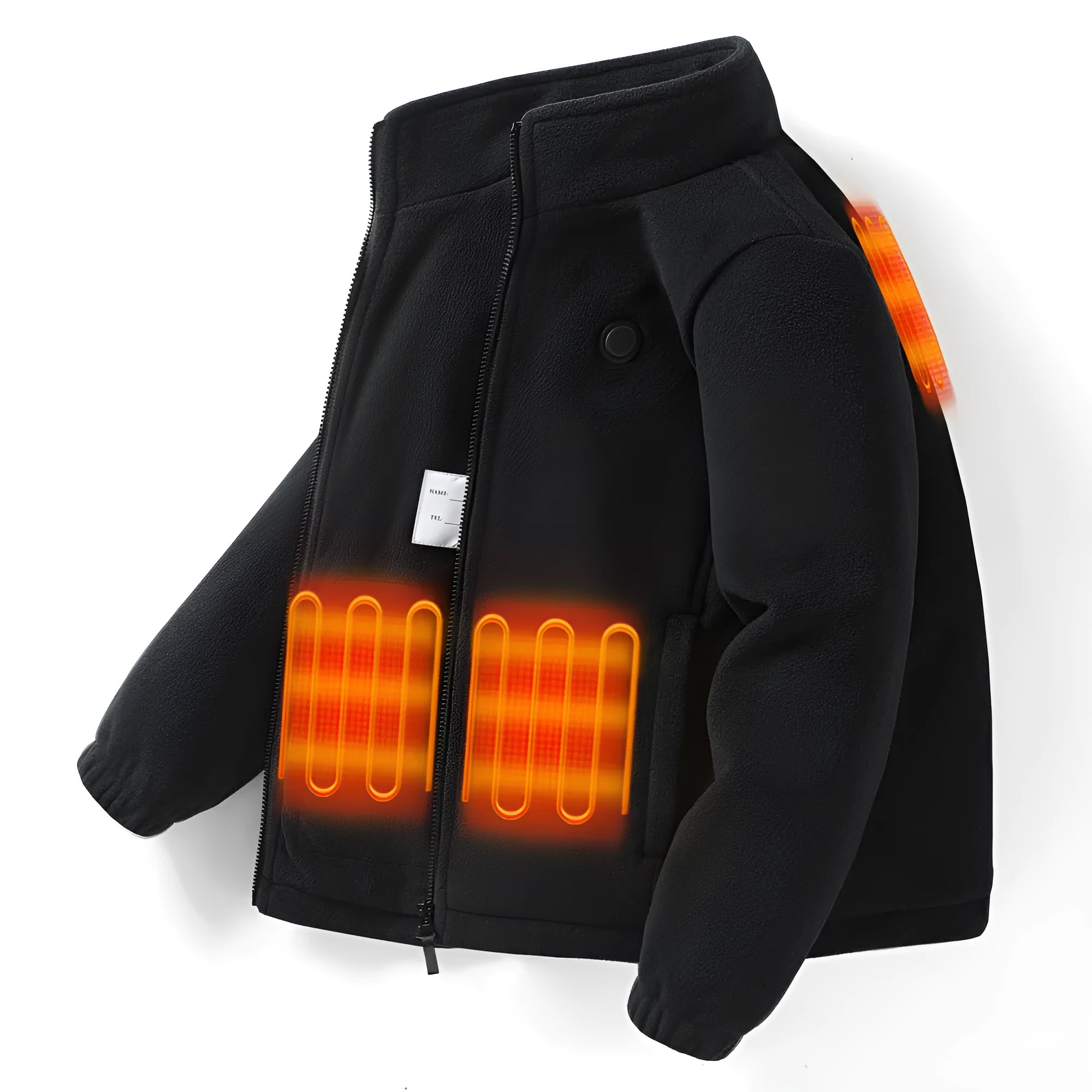 Children's black polar fleece heating jacket with zipper closure on a child