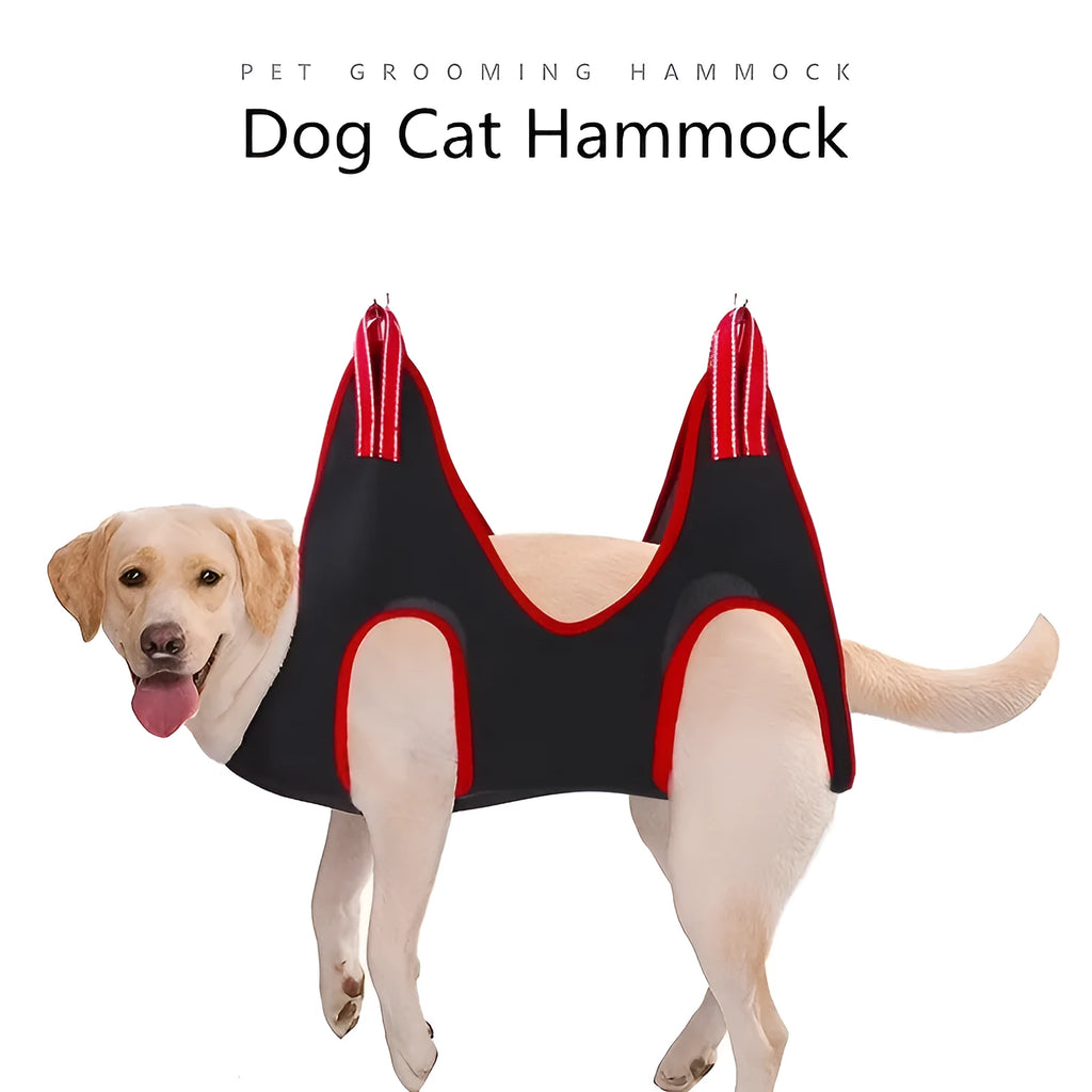 Pet grooming hammock hanging restraint bag set for dogs and cats in four sizes.