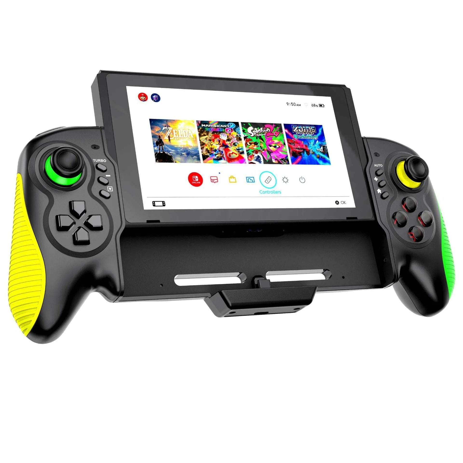 Yellow-green ABS plastic game controller with an in-line handle design for Nintendo Switch and PC.