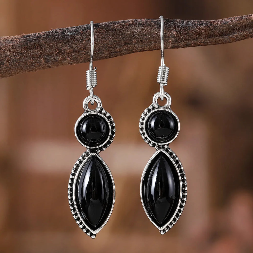 Vintage black and purple gemstone pendant earrings with geometric round design on zinc alloy