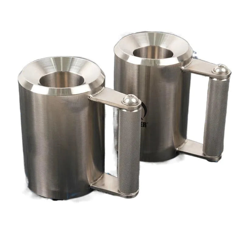 Silver 8kg stainless steel dumbbell cup weight plate on a grey background.