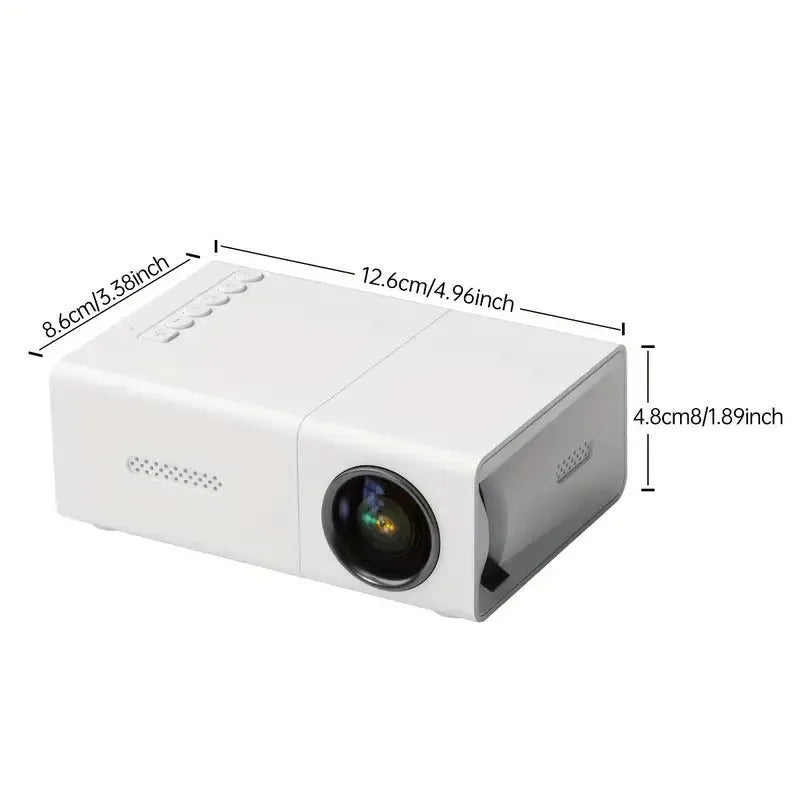 M100 mini LED home projector in black and white showing 100-inch projection with international power cables