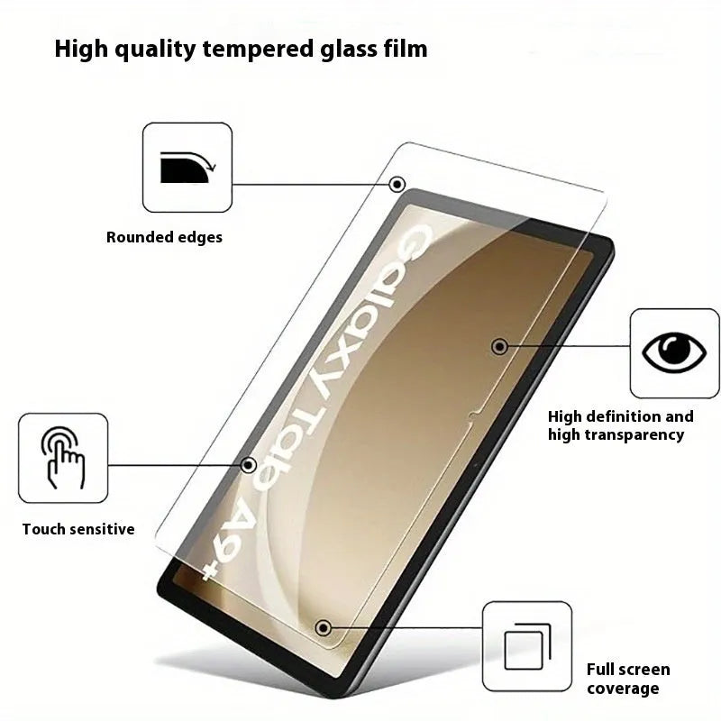 Samsung Galaxy tablet with a clear tempered glass screen protector showing anti-fingerprint and full coverage features.