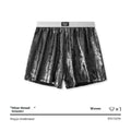 Men's bright silver reflective loose sports boxers in red, black, silver, and multicolour options.
