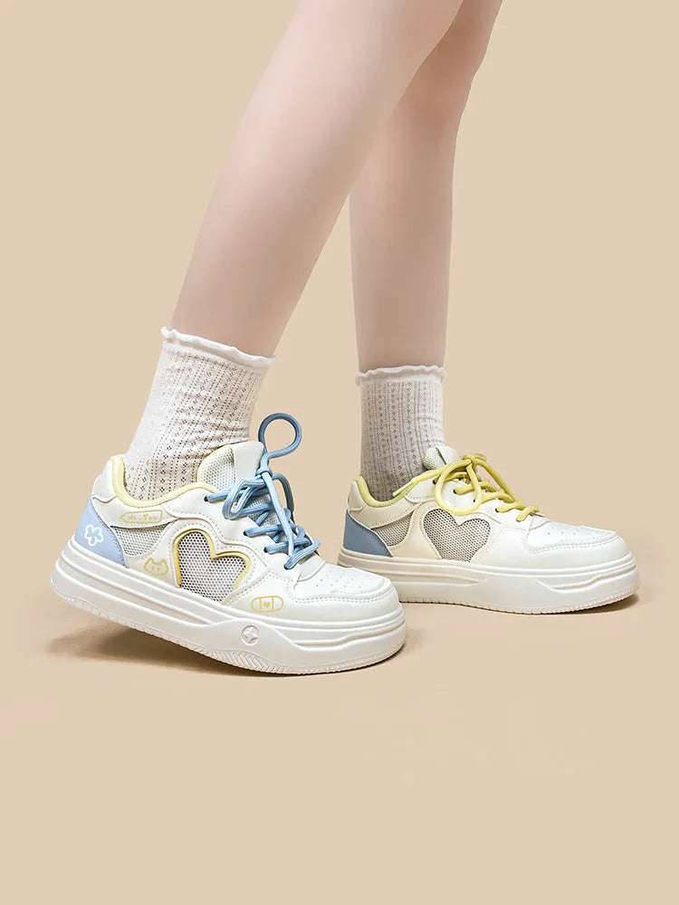 Korean style summer mesh sneakers in Meow Rabbit Sea Salt Cheese colour with cross-strap detailing