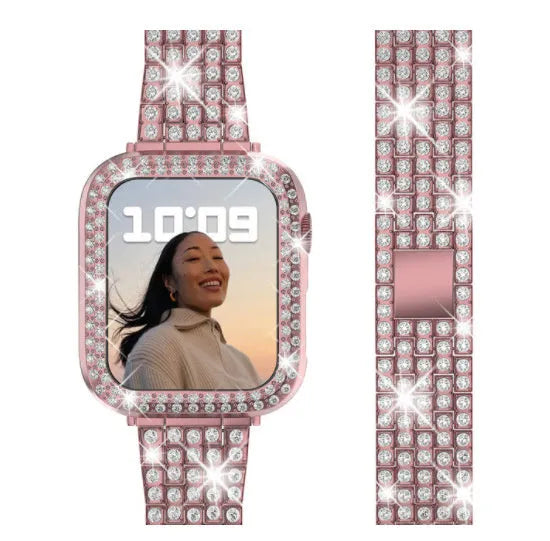 Apple Watch case with double diamond glass in rose pink, shown fitted on a 41mm Apple Watch.