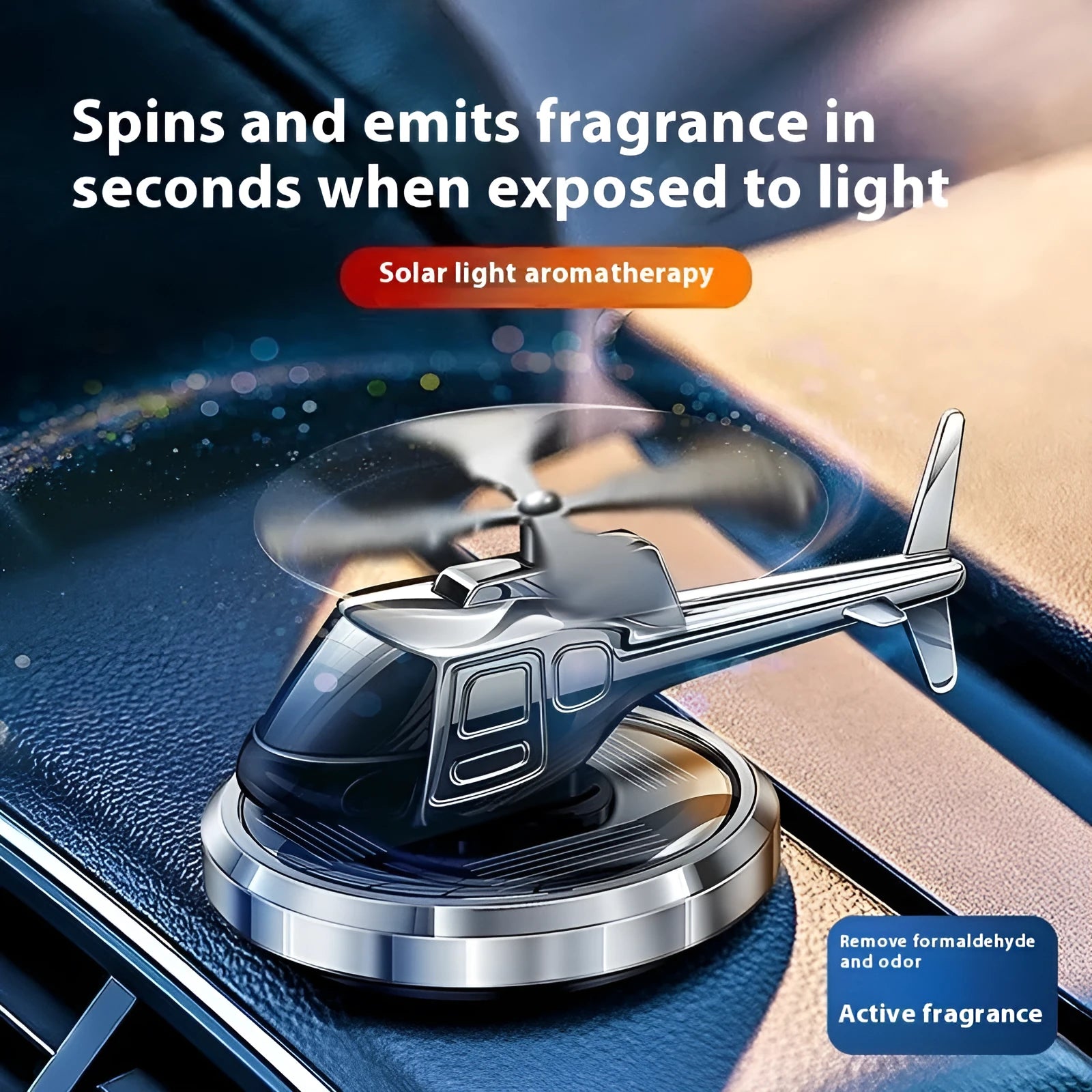 Metal solar helicopter car perfume with rotating blades and formaldehyde removal function in silver, black, or blue