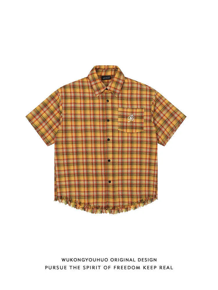Yellow plaid short sleeve shirt with embroidery on chest pocket, loose fit design