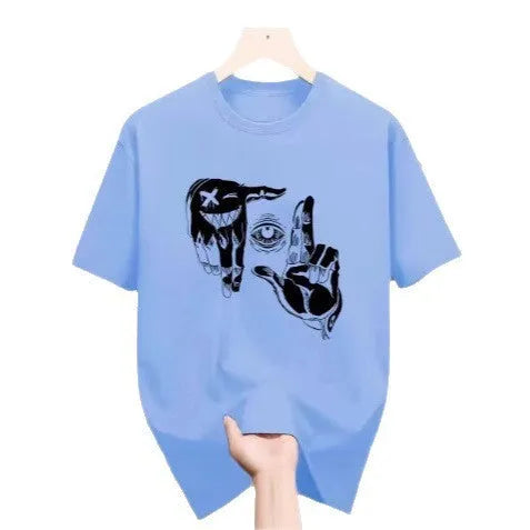 Men's mesh t-shirt with cartoon digital print showing round neck and short sleeve design