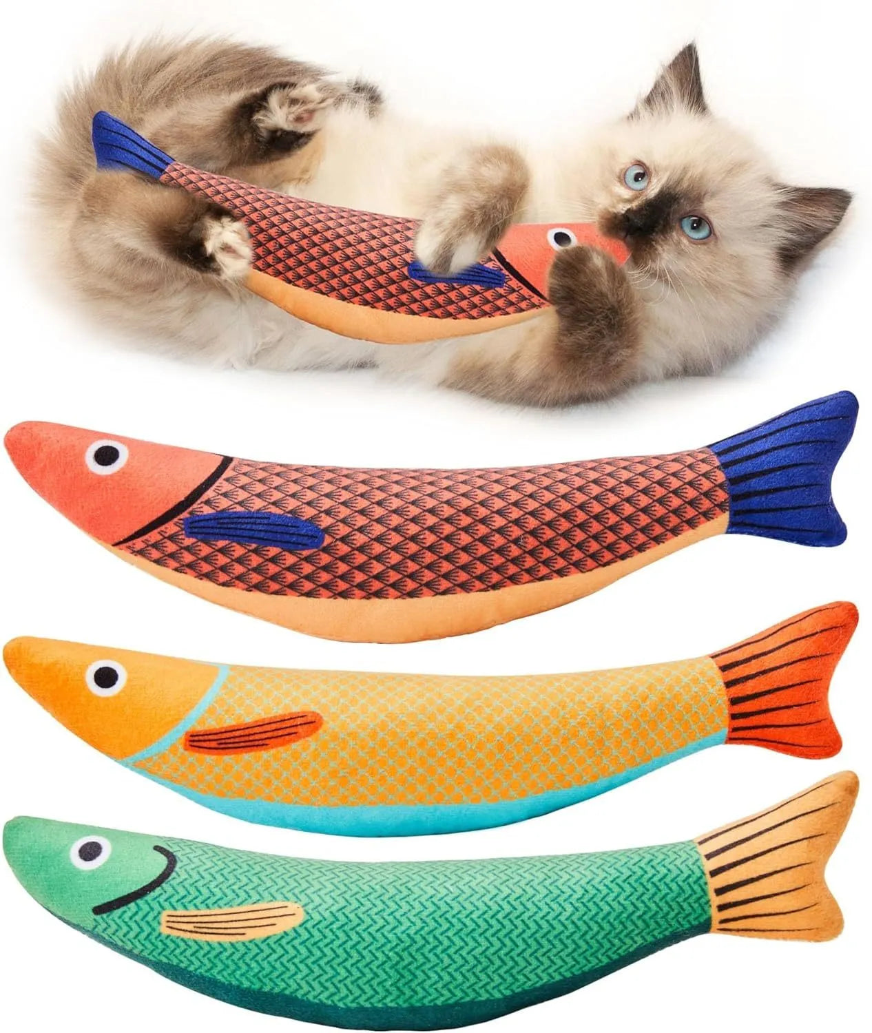 Saury fish-shaped cat kicker toy in bright colours with soft plush exterior