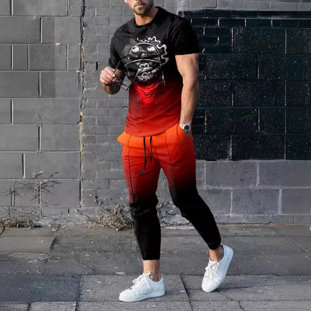 Men's short-sleeve polyester suit set showing T-shirt and trousers in printed colours
