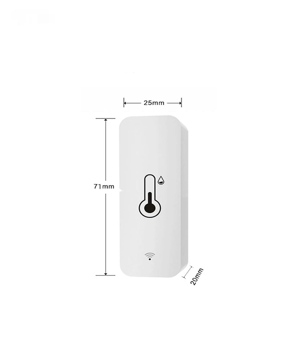 White WiFi temperature and humidity sensor with LCD display showing readings, compact rectangular ABS housing