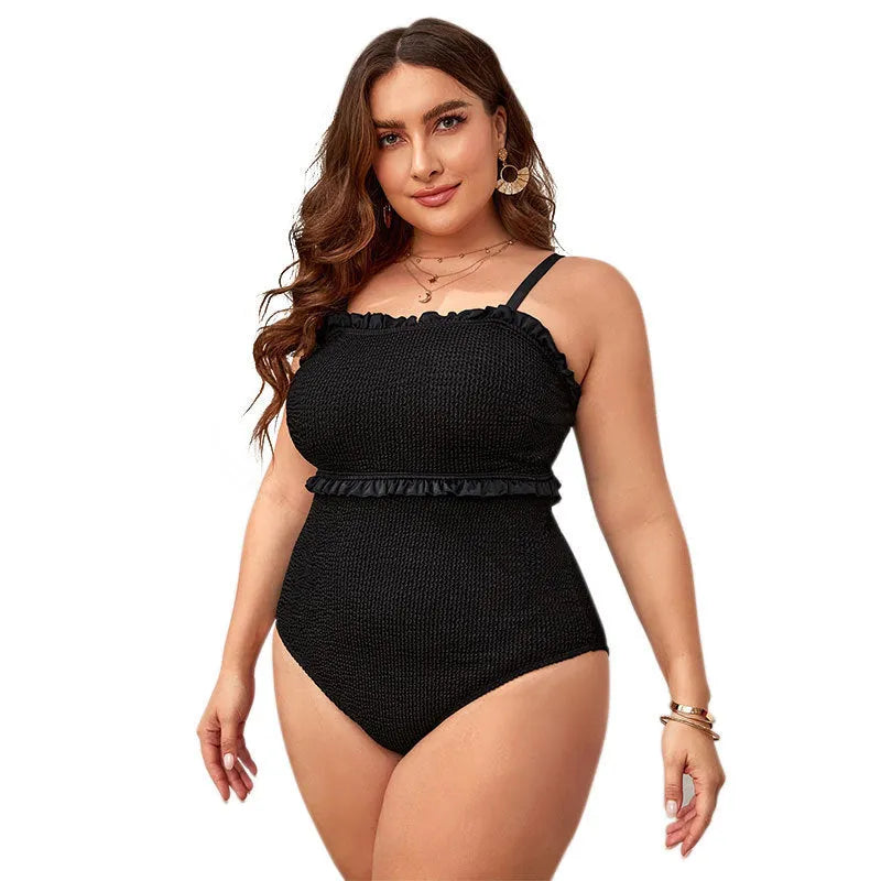 Black plus size women's bikini swimsuit with double shoulder straps and quick-dry nylon fabric