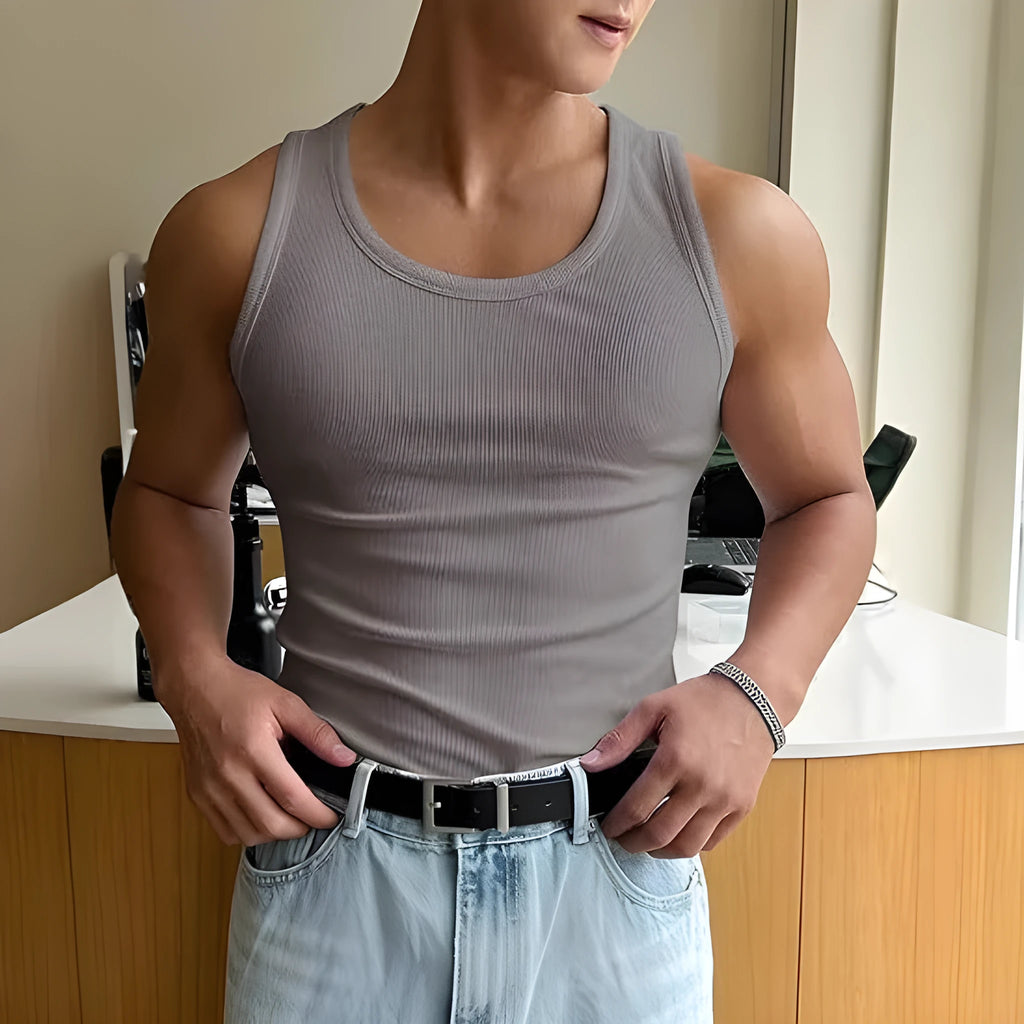 Men's slim fit round neck sports T-shirt in polyester fabric on a hanger