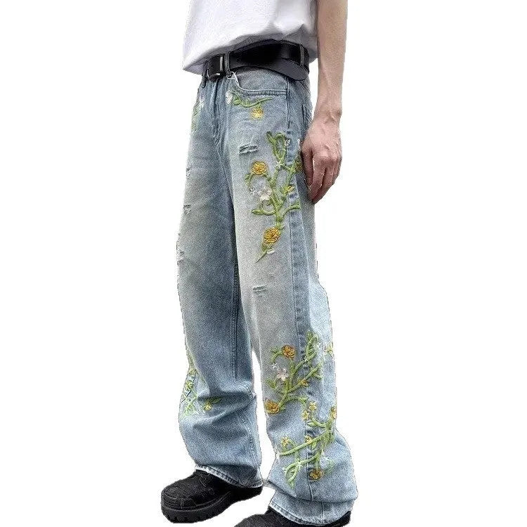 Blue cotton denim high street casual wide leg pants with mid waist and zip placket fly, straight-leg style