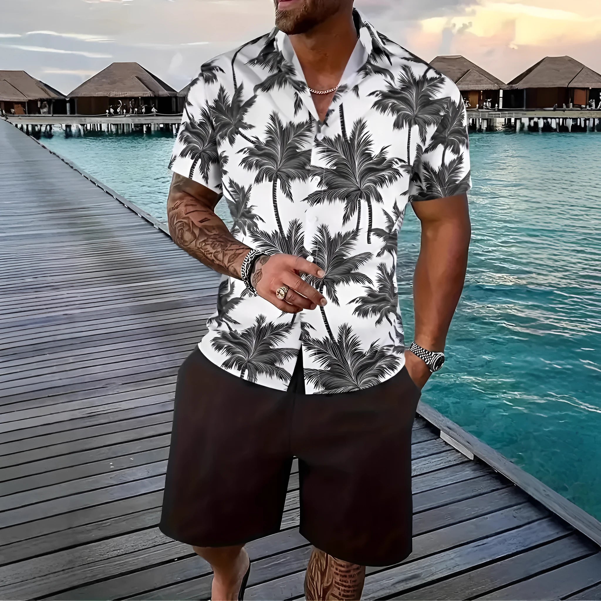 Men's casual Hawaii 3D printed short sleeve top and matching shorts set.
