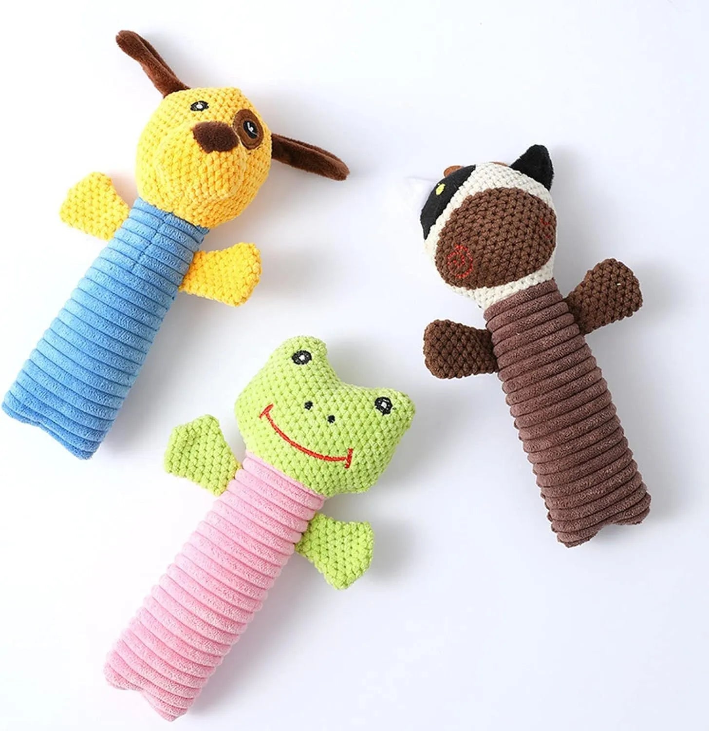 Squeaky stuffed dog chew toy in animal shape for dental cleaning and play