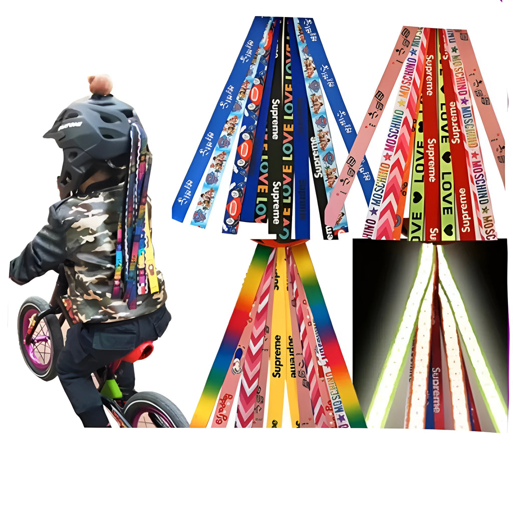 Close-up of a coloured ribbon streamer attached to a child's bicycle helmet.