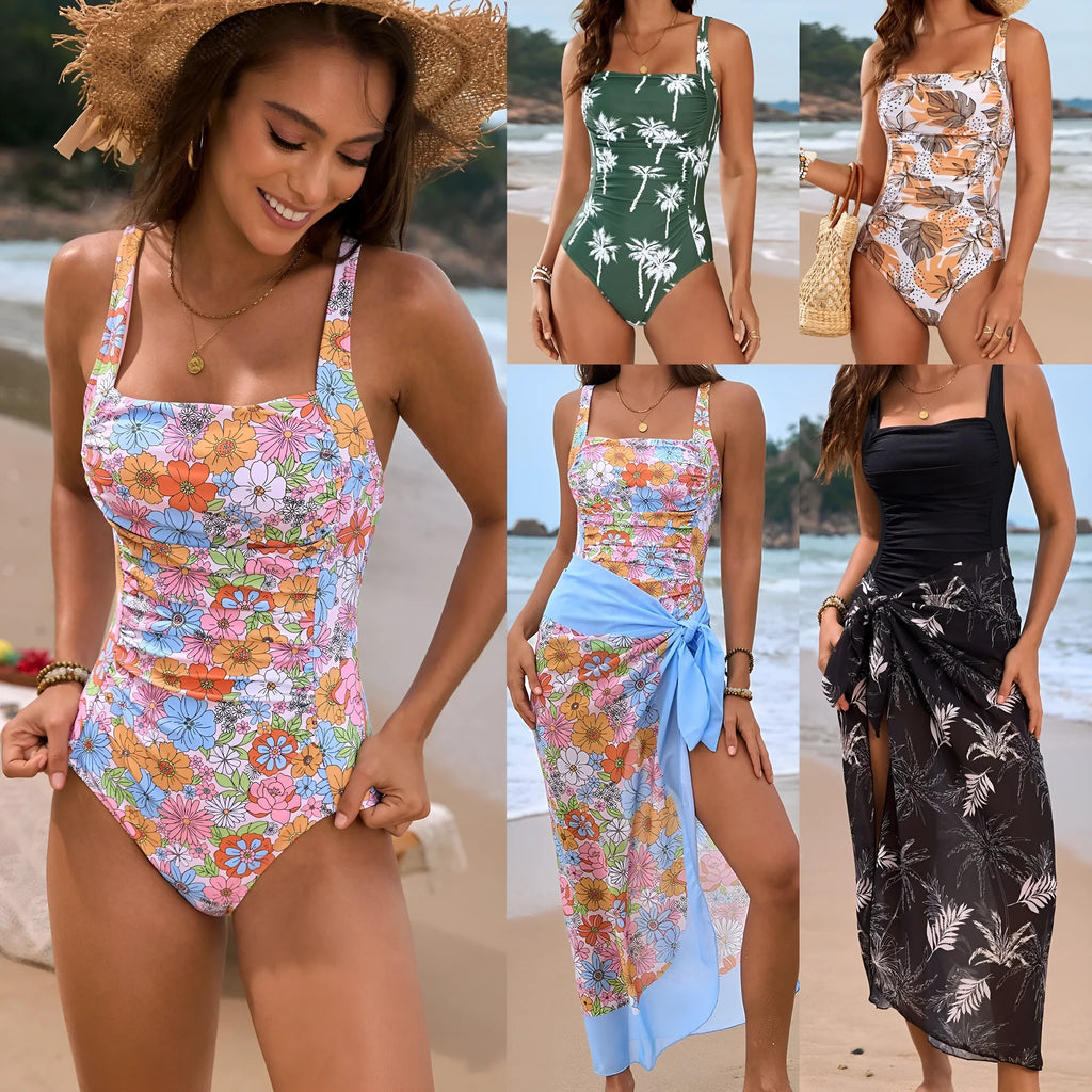Women's new small floral one-piece swimsuit in polyester printed pattern sleeveless