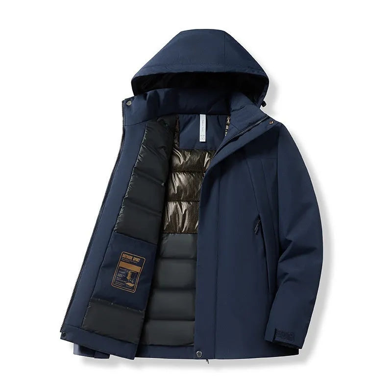 Winter thicken thermal shell jacket in black, waterproof polyester with contrast colour details for outdoor skiing and hiking