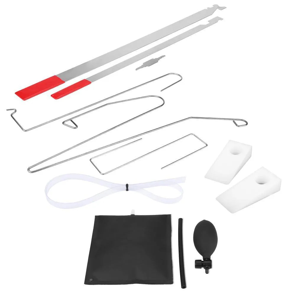 9-piece automotive maintenance kit with air pump wedge, plastic wedges, and metal crowbar tools for car repair
