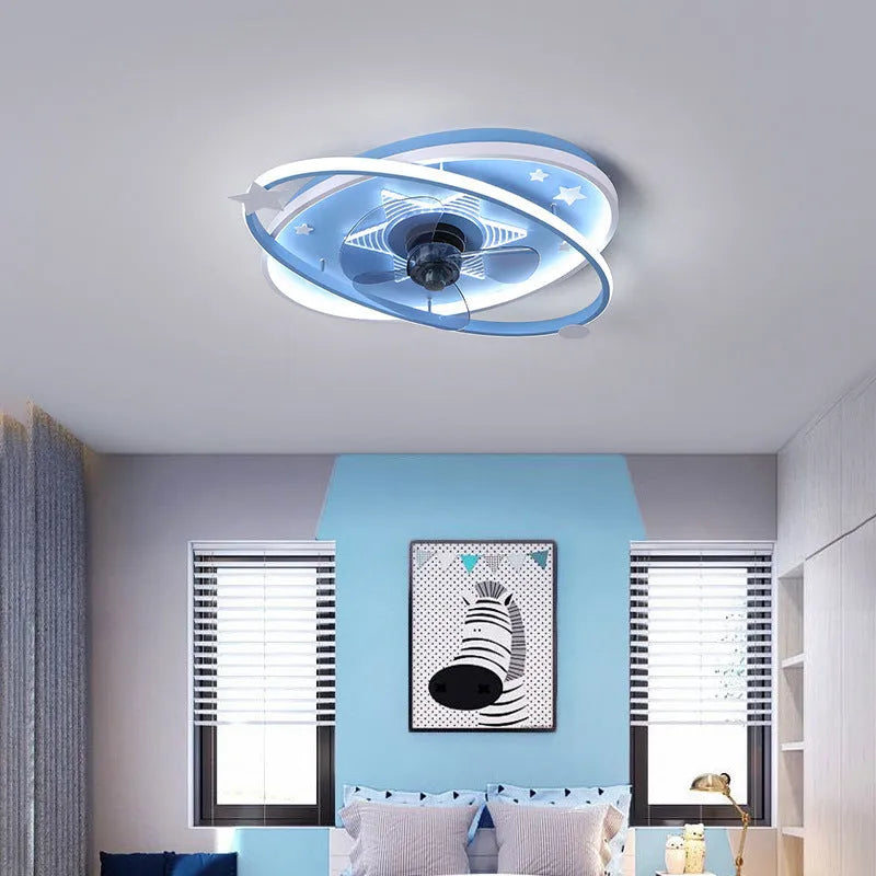 Modern blue children's bedroom ceiling fan light with remote control and acrylic shade